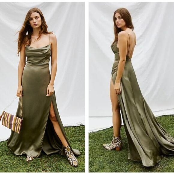 FAME AND PARTNERS x FREE PEOPLE Rosabel Satin Maxi Dress Olive Green Sz 4 {JJ11}